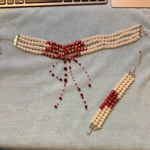 Elegant Pearl and Red Bead Jewelry Set